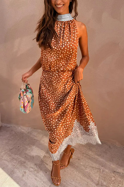 Stunning Fawn Print Contrast Color Satin Lace Trim Mid Rise Maxi Skirt