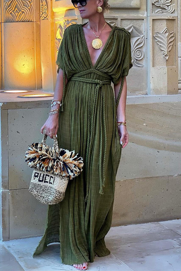 Rich style linen blend pleated plait kimono concealer slit skirt