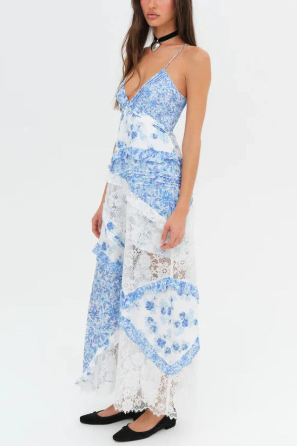 Fashionable Floral Print Lace Patchwork Hollow-out Slim Fit Vacation Ruffle Maxi Dress