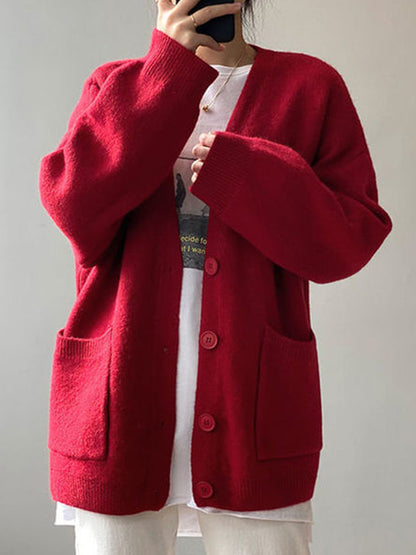 Solid V Neck Breasted Knit Cardigan