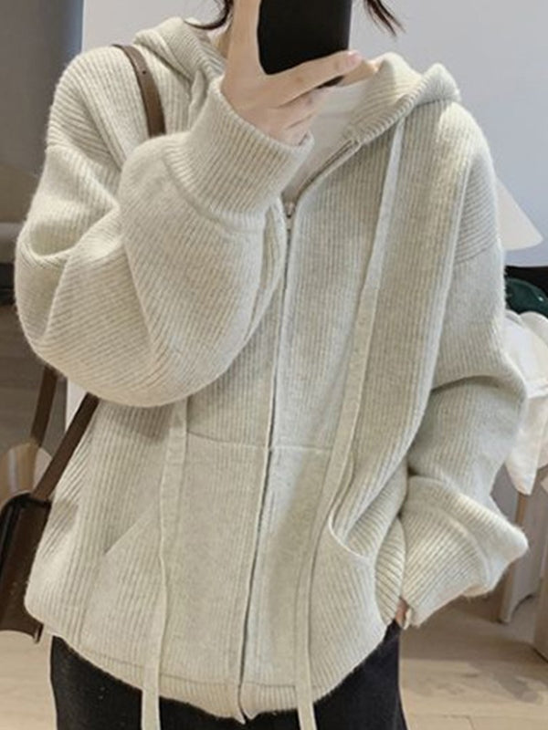 Solid Hooded Zip Up Knit Cardigan