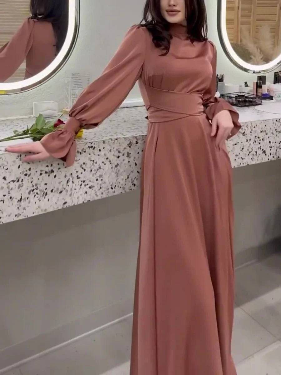 Satin Mock Neck Puff Sleeve Button Cuff Tie Waist Maxi Dress