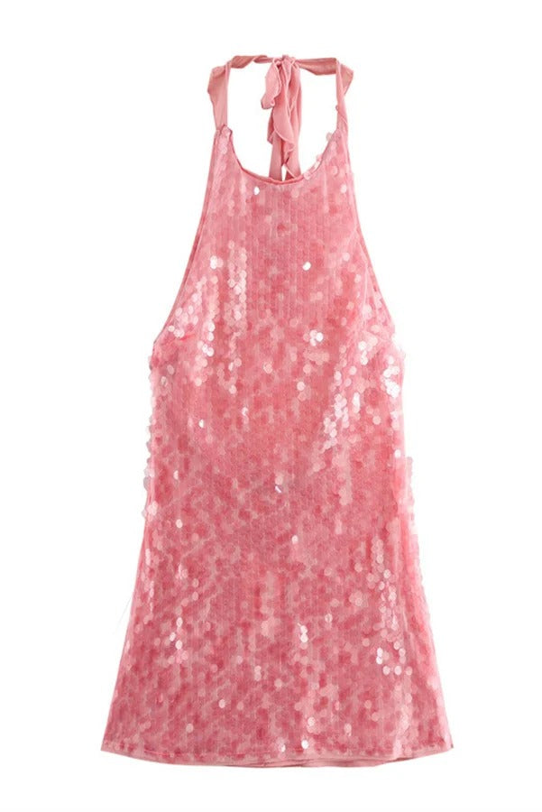 Disc Sequin Halter Mock Neck Ruched Side-Gather Bodycon Mini Dress