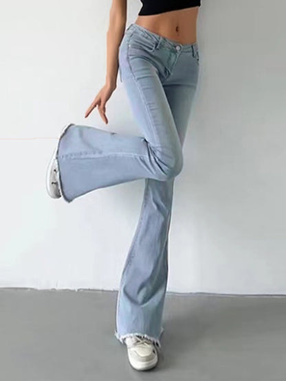 Washed Low Waist Stretchy Mopping Flare Jeans