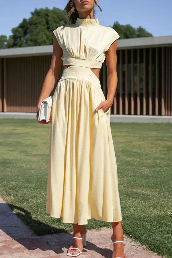 Mock Neck Sleeveless Side Waist Cutout Pleated A-Line Maxi Dress