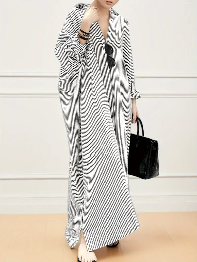 V Neck Button Front Vertical Stripe Oversized Shirt Maxi Dress
