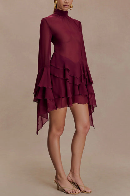 Fashionable Chiffon Long-sleeved Ruffled Slim-fit Mini Dress