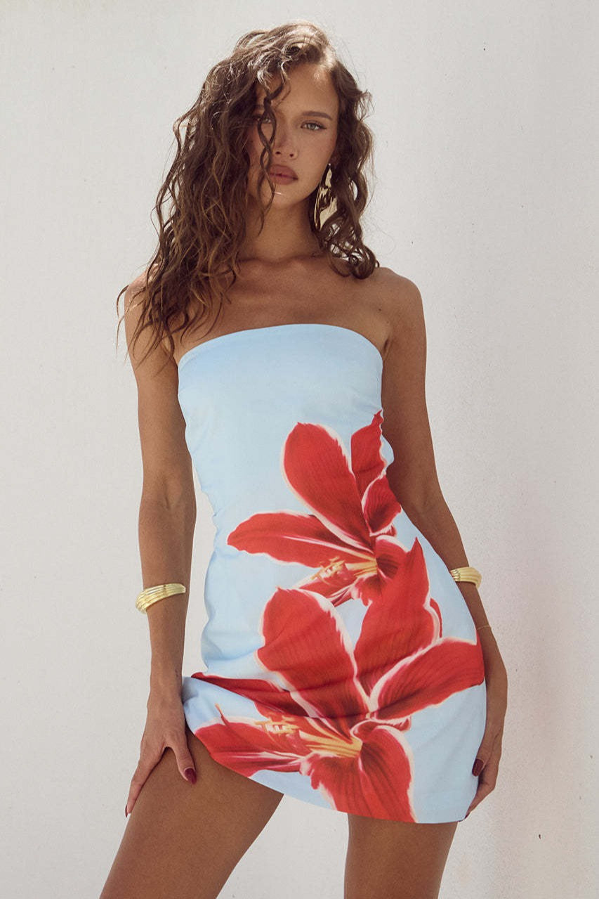 Strapless Large Floral Print Bodycon Tube Mini Dress