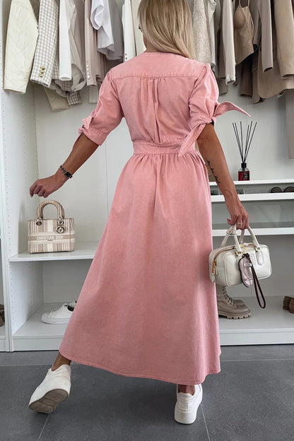 Solid Color V-neck Button-down Denim Midi Dress