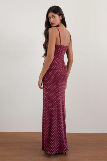 Polka Dot Spaghetti Strap Square Neck Bodycon Maxi Dress