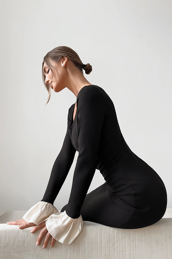 Scoop Neck Long Sleeve Flared Contrast Cuff Bodycon Midi Dress