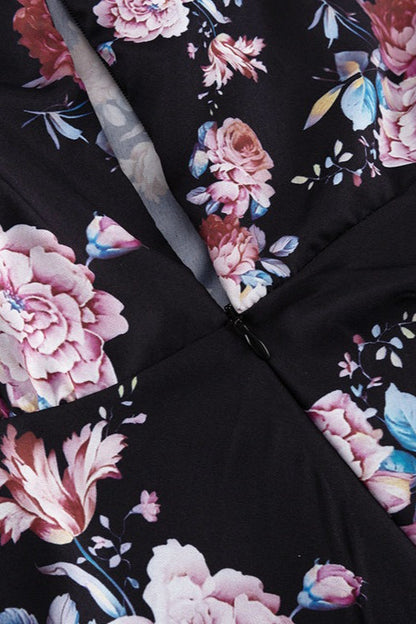 Pointed Collar Puff Shoulder Long Sleeve Cinched Waist Floral Midi Dress