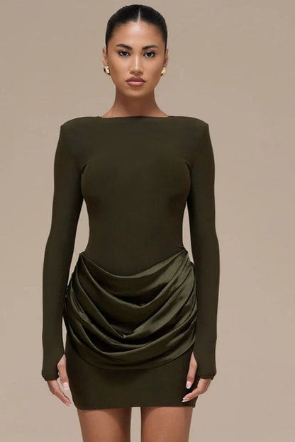 Boat Neck Padded Shoulder Long Sleeve Draped Satin Hip Overlay Bodycon Mini Dress
