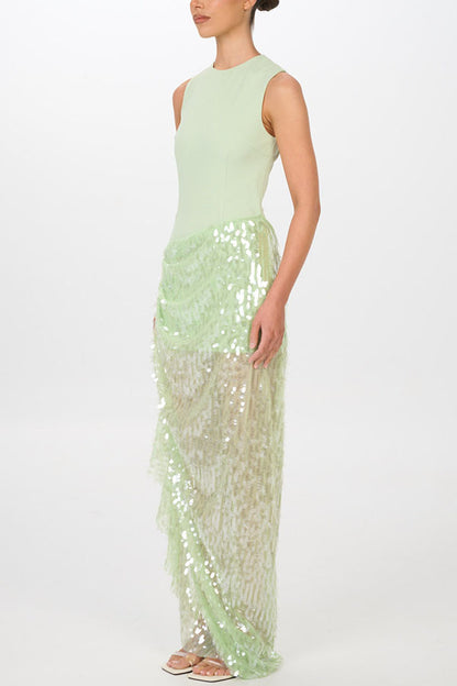 Unspoken Glamour Crepe and Fish Scale Sequins Ruffle Ruched Drape Maxi Dress