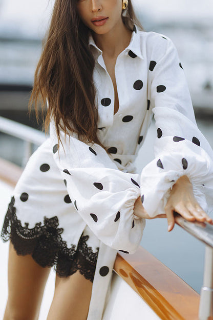 Lulabell Linen Blend Polka Dot Lantern Sleeve Shirt and Warp Tie-up Lace Trim Skirt Set