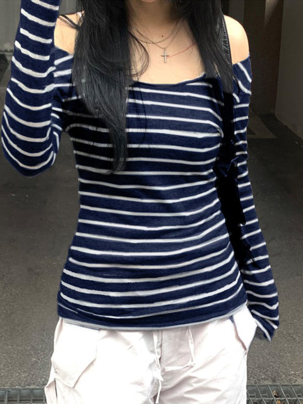 Striped One Shoulder Long Sleeve Tee