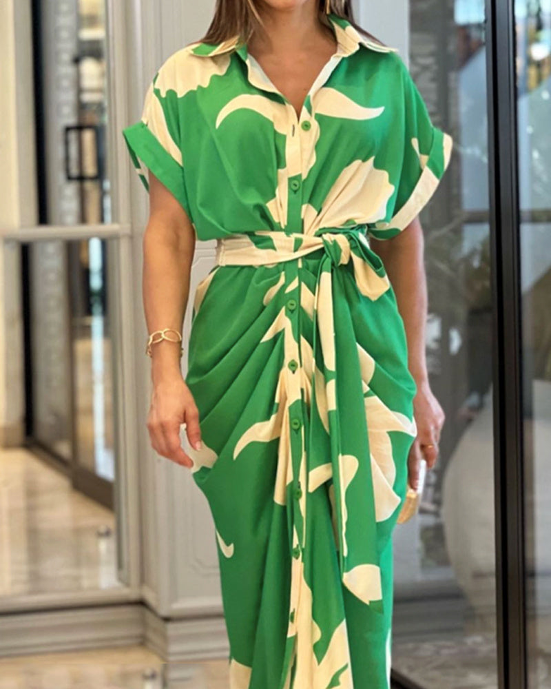 Abstract Leaf Print Collared Button-Front Tie-Waist Ruched Skirt Midi Shirt Dress