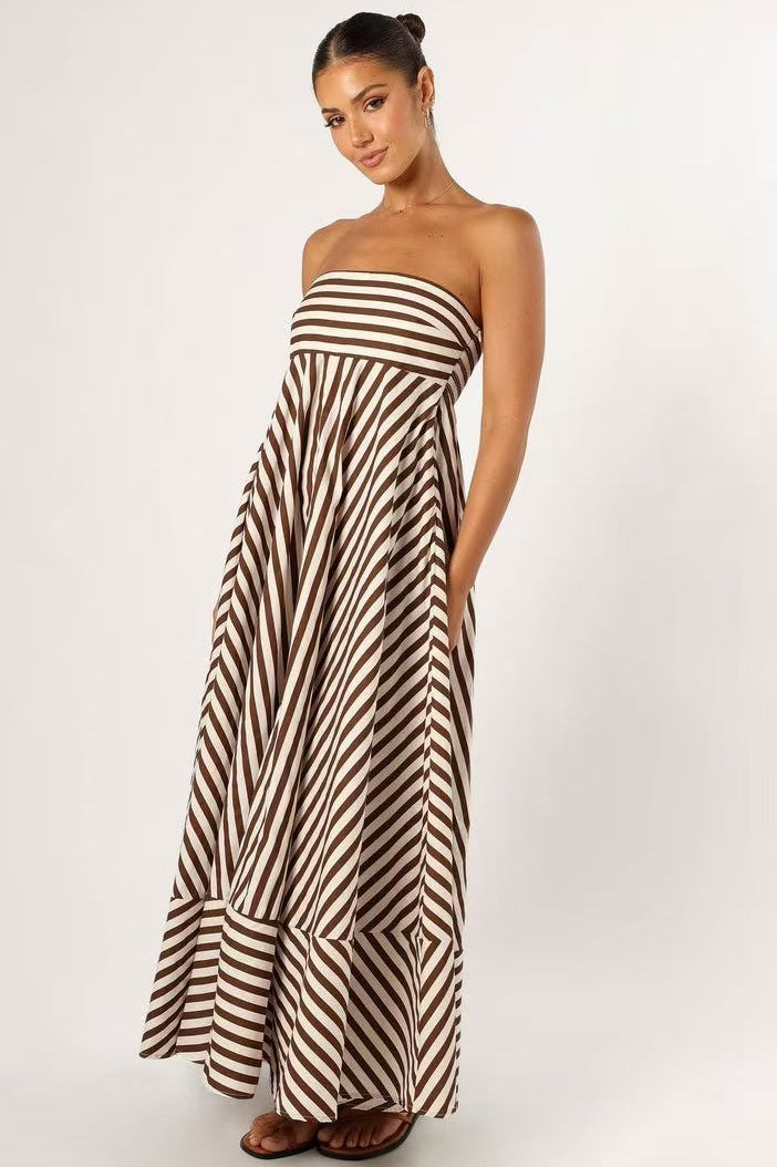 Strapless Multi Directional Chevron Stripe Panel Flared Maxi Dress