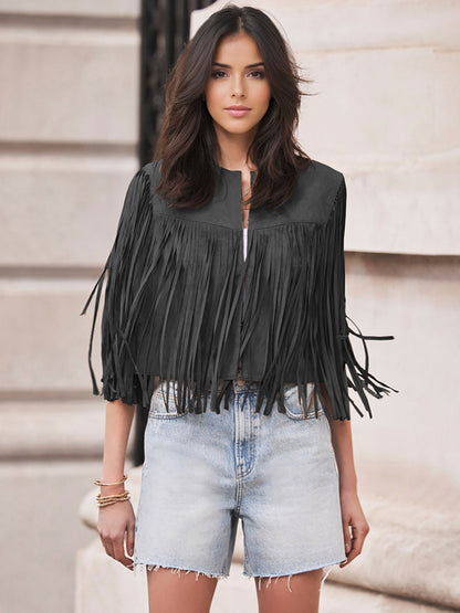 Western Cowgirl Fringe Vest Crew Neck Bohemian Spring Suede Jacket For Women 2026
