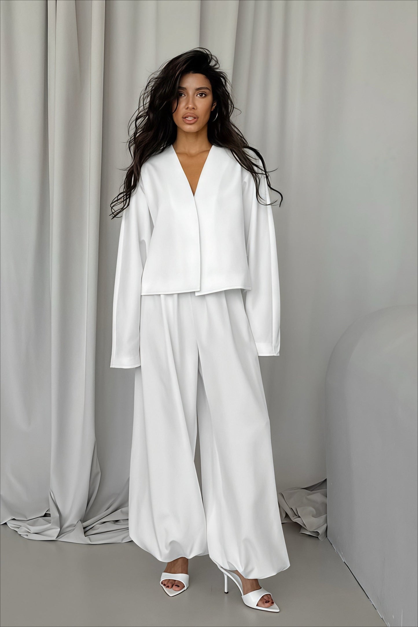 | Solid V-neck Cardigan and Tapered Two Piece Set