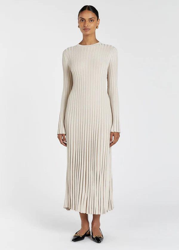 Crew Neck Ribbed Knit Long Sleeve Bodycon Maxi Dress