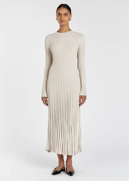 Crew Neck Ribbed Knit Long Sleeve Bodycon Maxi Dress