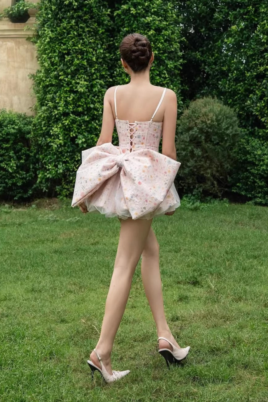 Sweetheart Corset Bodice Lace Trim Tulle Overlay Puff Skirt Bow Back Floral Mini Dress