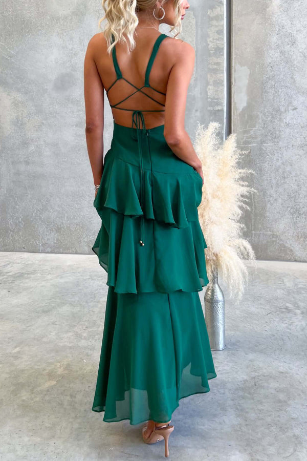Solid Color V-neck Sleeveless Elegant Layered Maxi Dress