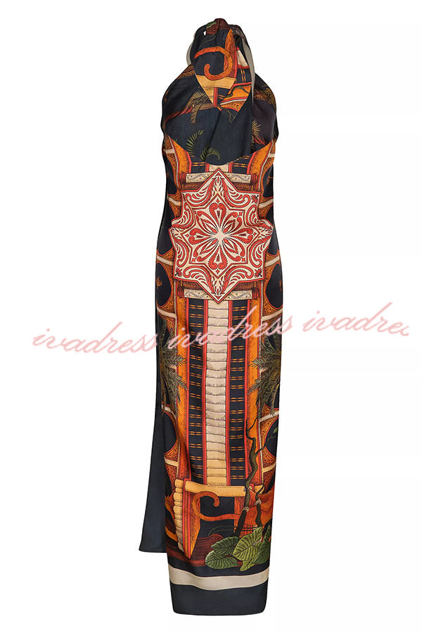 Jungle Elf Unique Print Halter Slit Midi Tank and Elastic Waist Wide Pants Set