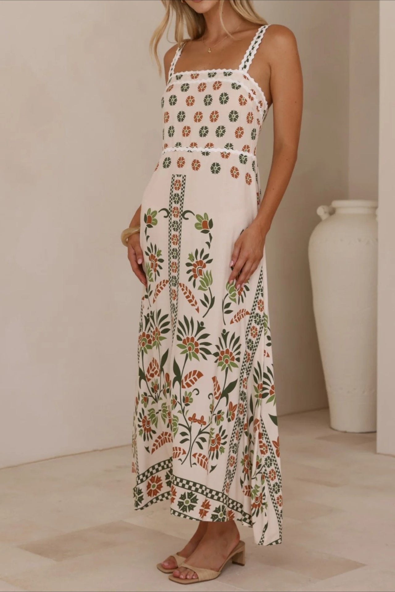 Scalloped Trim Square Neck Panel Print Border Hem Maxi Dress