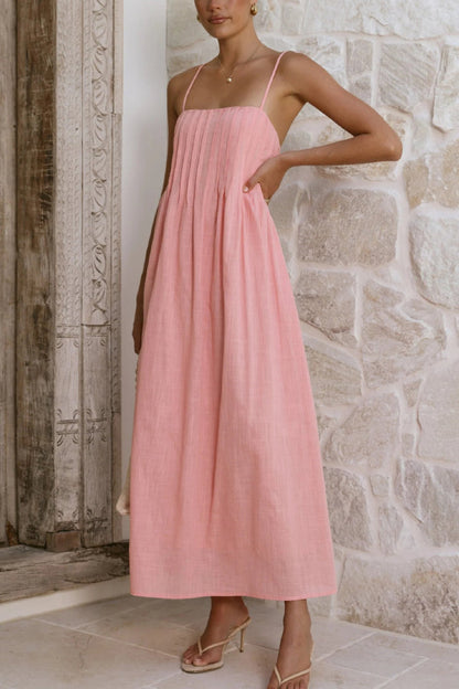 Solid Color Pleated Square Neck Suspender Casual Midi Dress