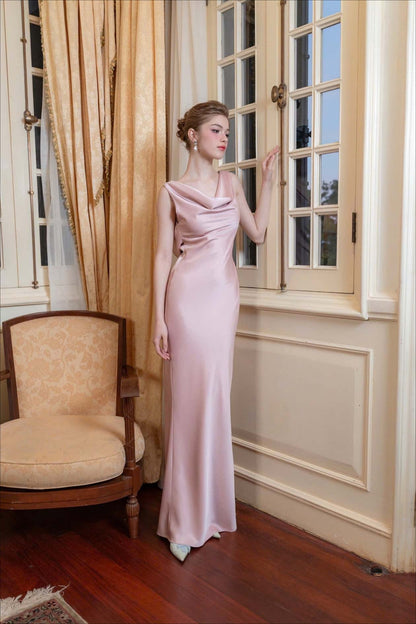 | Solid Satin Evening Maxi Dress