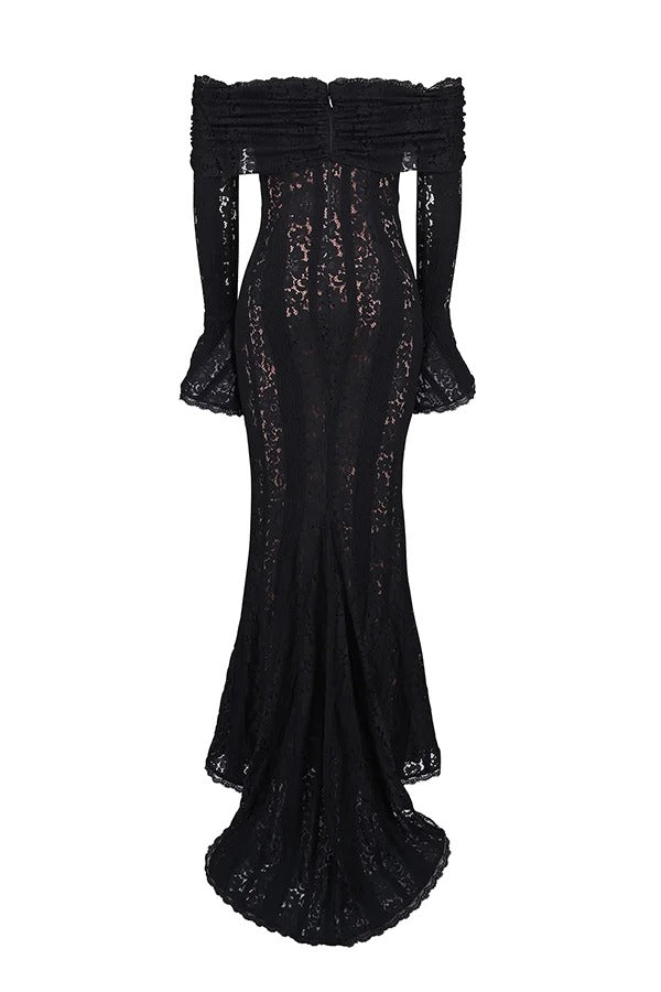 Floral Lace Off Shoulder Bell Sleeve Mermaid Maxi Dress