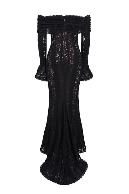 Floral Lace Off Shoulder Bell Sleeve Mermaid Maxi Dress