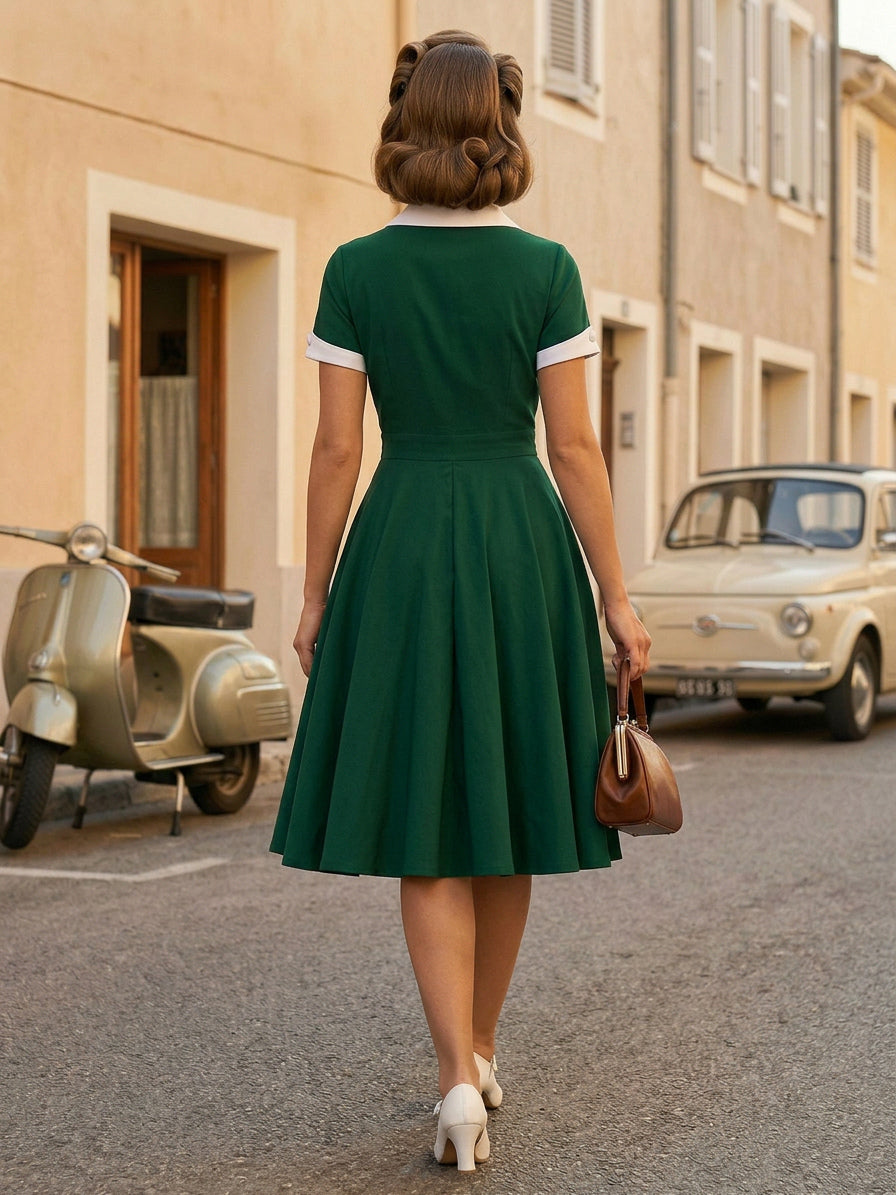 Contrast Lapel Collar Short Sleeve Retro Swing Dress For Women 2026