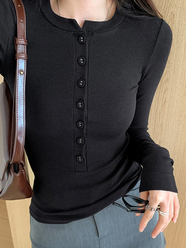 Solid Breasted Slim Long Sleeve Knit
