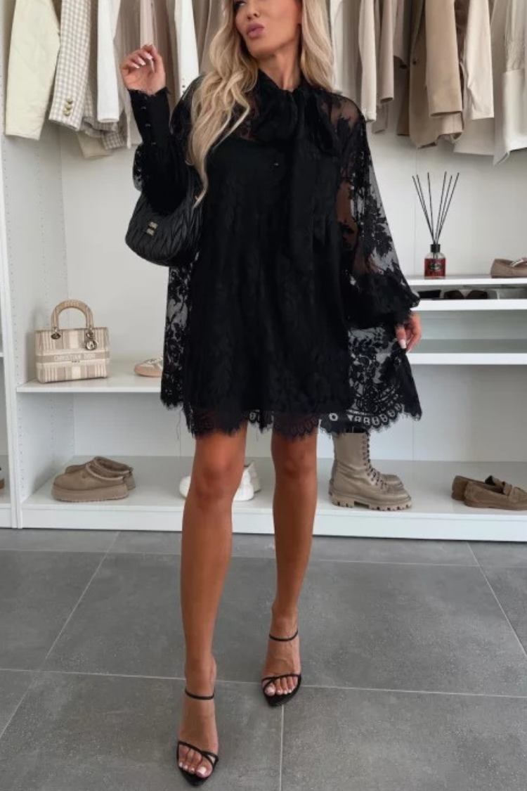 Lace Pussy Bow Tie Neck Balloon Sleeve Button Cuff Babydoll Mini Dress