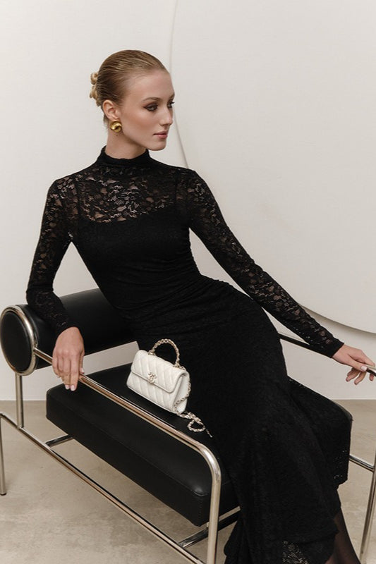 Floral Lace Mock Neck Long Sleeve Ruched Bodycon Maxi Dress