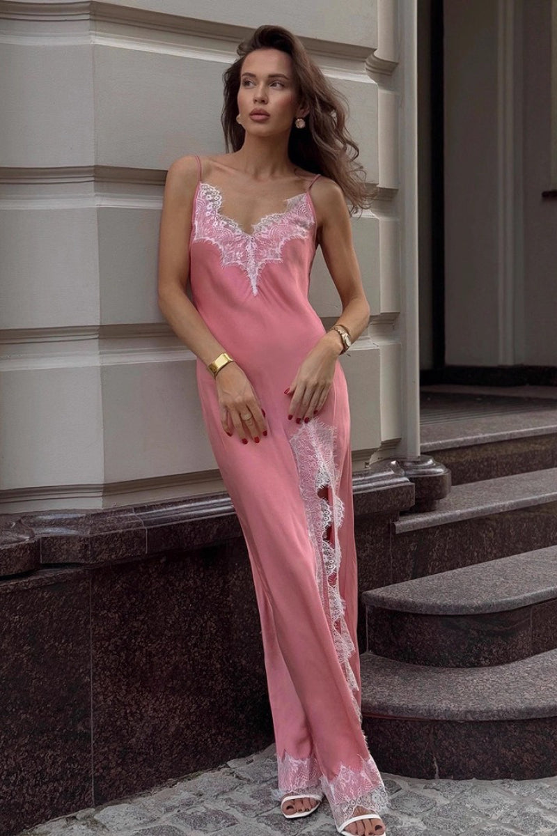 Lace Trim Spaghetti Strap Satin V-Neck High Slit Maxi Dress