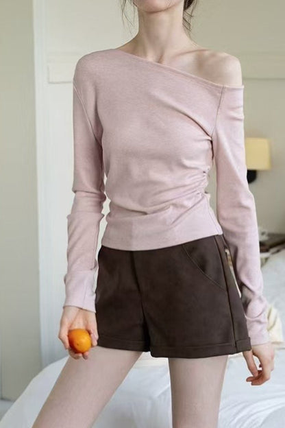 One Shoulder Asymmetric Ribbed Long Sleeve Top