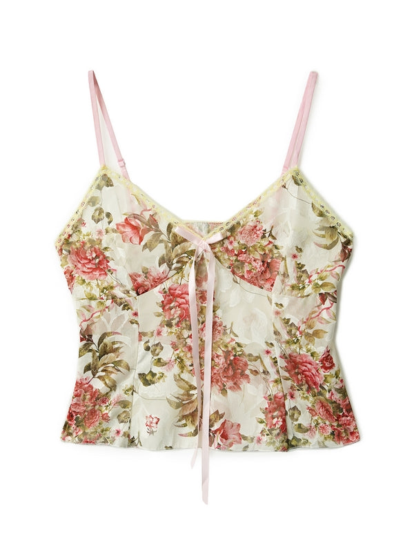 Flower Print Lace Stitching Cami Top