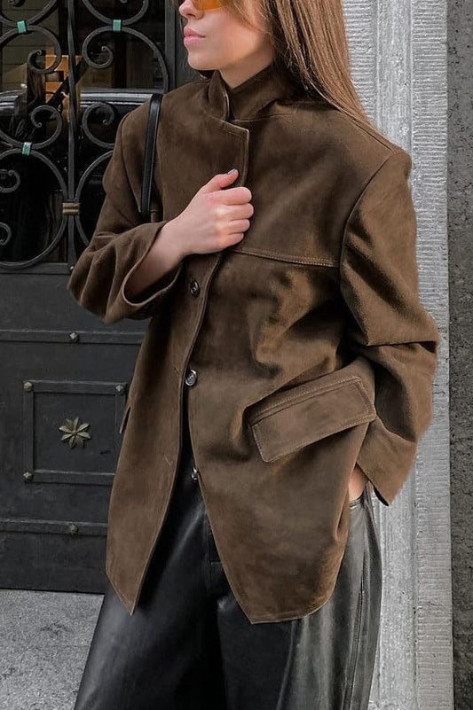 Retro Brown Faux Suede Blazer Jacket