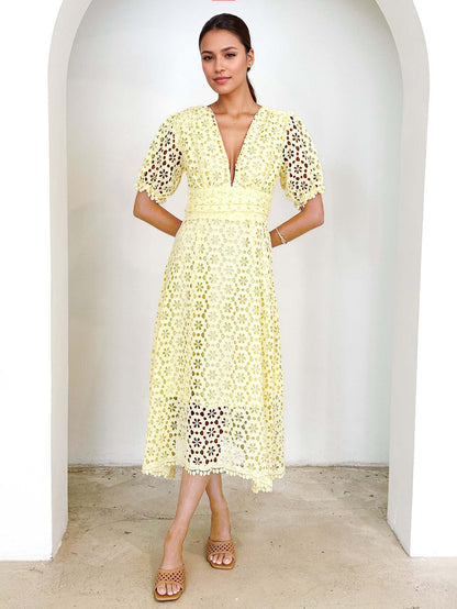 Lace Dress V-neck Puff Sleeve A-line Midi Dress For Women 2026