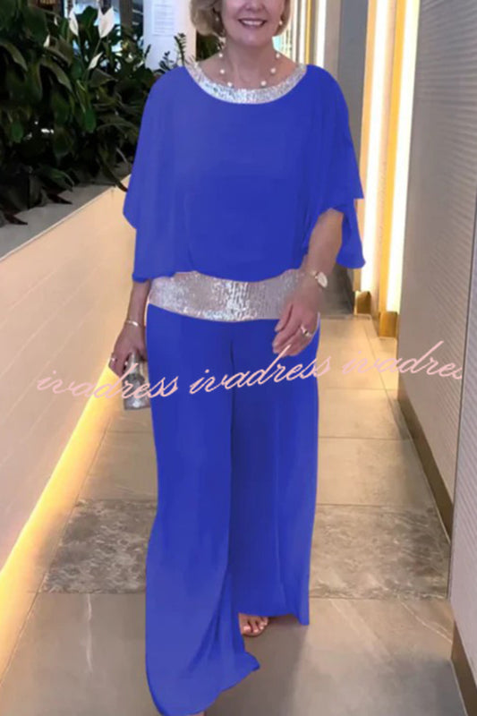 Stylish Sequin Patchwork Dolman Sleeve Top and Elastic Waist Wide Leg Pants Set