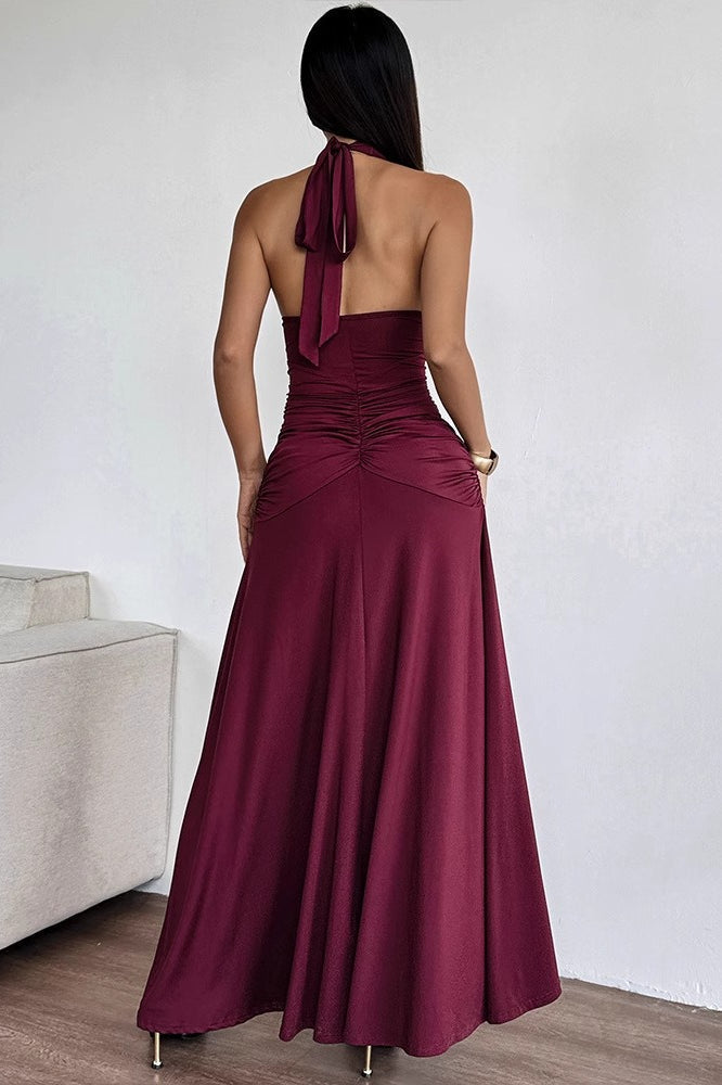 Sexy Deep V Backless Halter Ruched Formal Dress
