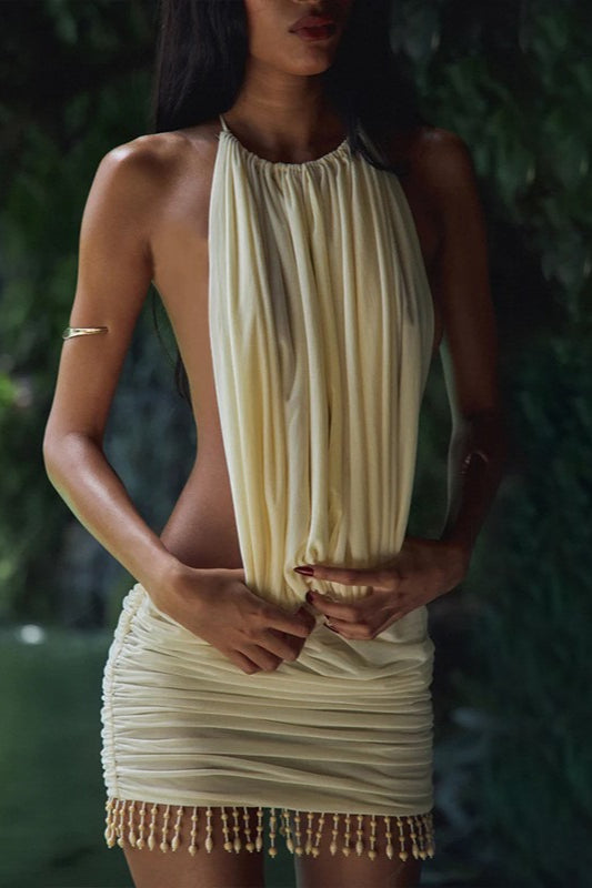 Halter Plunging Keyhole Draped Bodice Ruched Beaded Fringe Hem Mini Dress