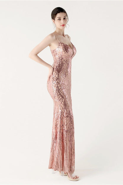 | Sequin V Neck Cross Strap Maxi Dress