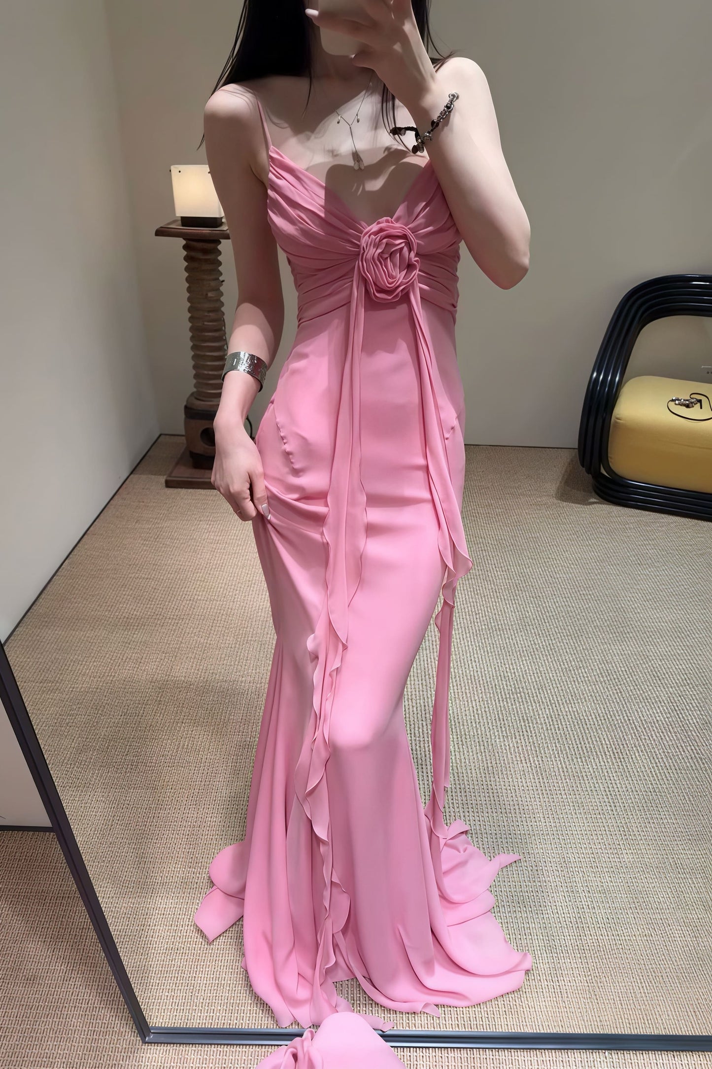 | 3D Rose Flowy Spaghetti Strap Backless Maxi Dress