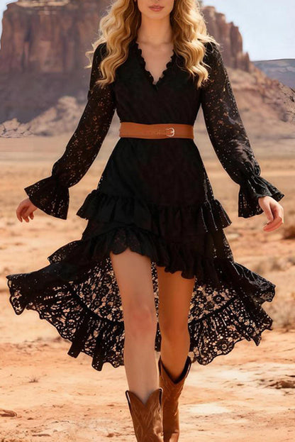 Fashionable Lace V-neck Long-sleeved Irregular Ruffle Midi Dress