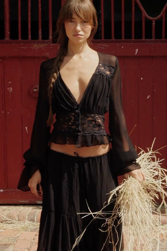 Sexy Lace Chiffon Sheer Tie Skirt Set